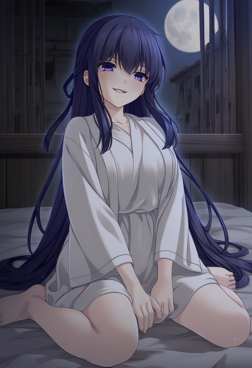 masterpiece,best quality,amazing quality,absurdres,aesthetic,newest,ultra detailed,
kagami siyuri \(haison\), 1girl, solo, dark slateblue hair, very long hair, half updo, hair between eyes, sidelocks, floating hair,
evil smile,
white robe,open robe,wariza,
night,abandoned village,indoor,messy_room, bed_sheet, moon light,
 <lora:kagami_siyuri_noob_vpred10_v15:1.0>