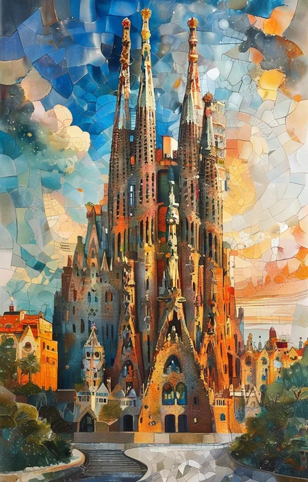 masterpiece,best quality,<lora:tbh305-sdxl:0.9>,illustration,designed by Antoni Gaudi Futuristic skyscraper with organic shapes, inspired by Zaha Hadid, gleaming under a sunset sky