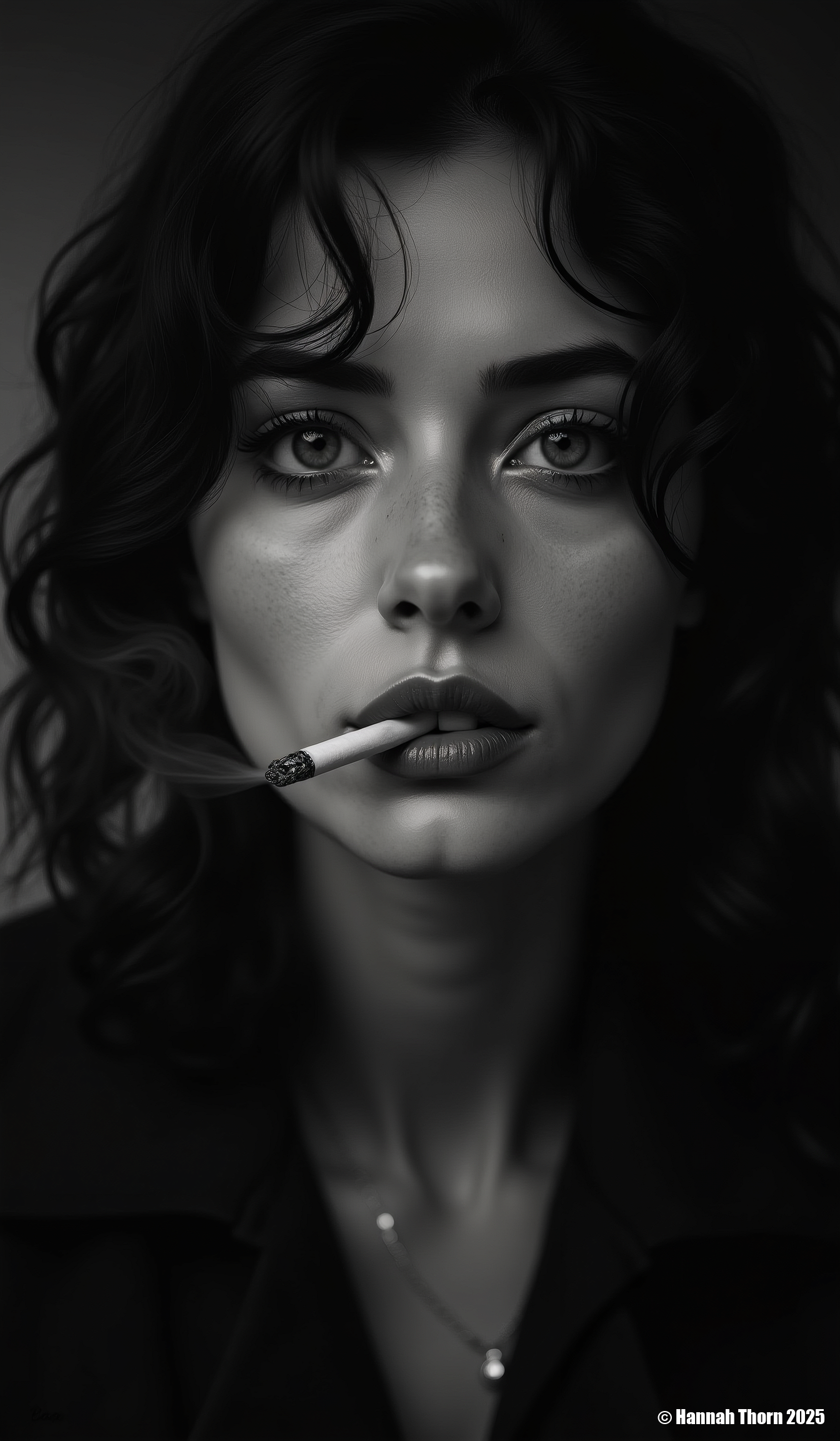 A woman with piercing eyes, defiance and vulnerability swirling within them, dominates this stark black and white portrait, a smoldering cigarette dangling from her lips like a punctuation mark. Inspired by the cinematic contrast of Herbert von Reijendam and the raw intimacy of Vivian Maier's street photography, the image evokes a vintage, film noir aesthetic. Dramatic chiaroscuro lighting, reminiscent of Caravaggio's dramatic interplay of light and shadow, sculpts her features, emphasizing the texture of her skin and hinting at a life etched beneath the surface. "by SPEED Q8" is subtly incorporated into the composition, a quiet signature on this evocative exploration of mystery and emotion.<lora:_Flux\_Photographer\Hemut_Newton_V2.safetensors:1.0000000000000002:1.0000000000000002>