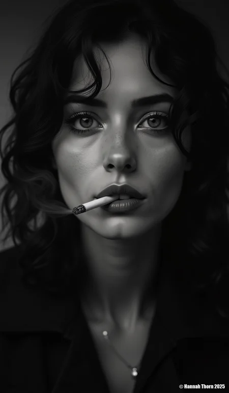 A woman with piercing eyes, defiance and vulnerability swirling within them, dominates this stark black and white portrait, a smoldering cigarette dangling from her lips like a punctuation mark. Inspired by the cinematic contrast of Herbert von Reijendam and the raw intimacy of Vivian Maier's street photography, the image evokes a vintage, film noir aesthetic. Dramatic chiaroscuro lighting, reminiscent of Caravaggio's dramatic interplay of light and shadow, sculpts her features, emphasizing the texture of her skin and hinting at a life etched beneath the surface. "by SPEED Q8" is subtly incorporated into the composition, a quiet signature on this evocative exploration of mystery and emotion.<lora:_Flux\_Photographer\Hemut_Newton_V2.safetensors:1.0000000000000002:1.0000000000000002>