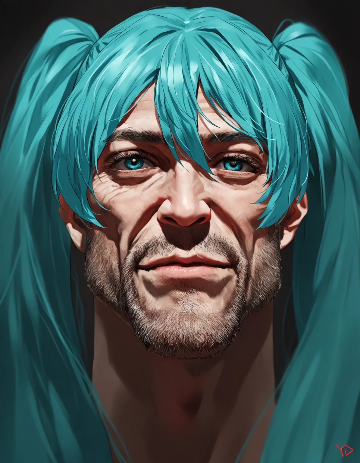 yd \(orange maru\), gigachad \(meme\), hatsune miku, portrait, the chad smile, beard stubble, (grin:0.5),masterpiece, best quality, absurdres, not furry, very awa<lora:iter_chadmix_vpred06_2a.safetensors:1.0>,