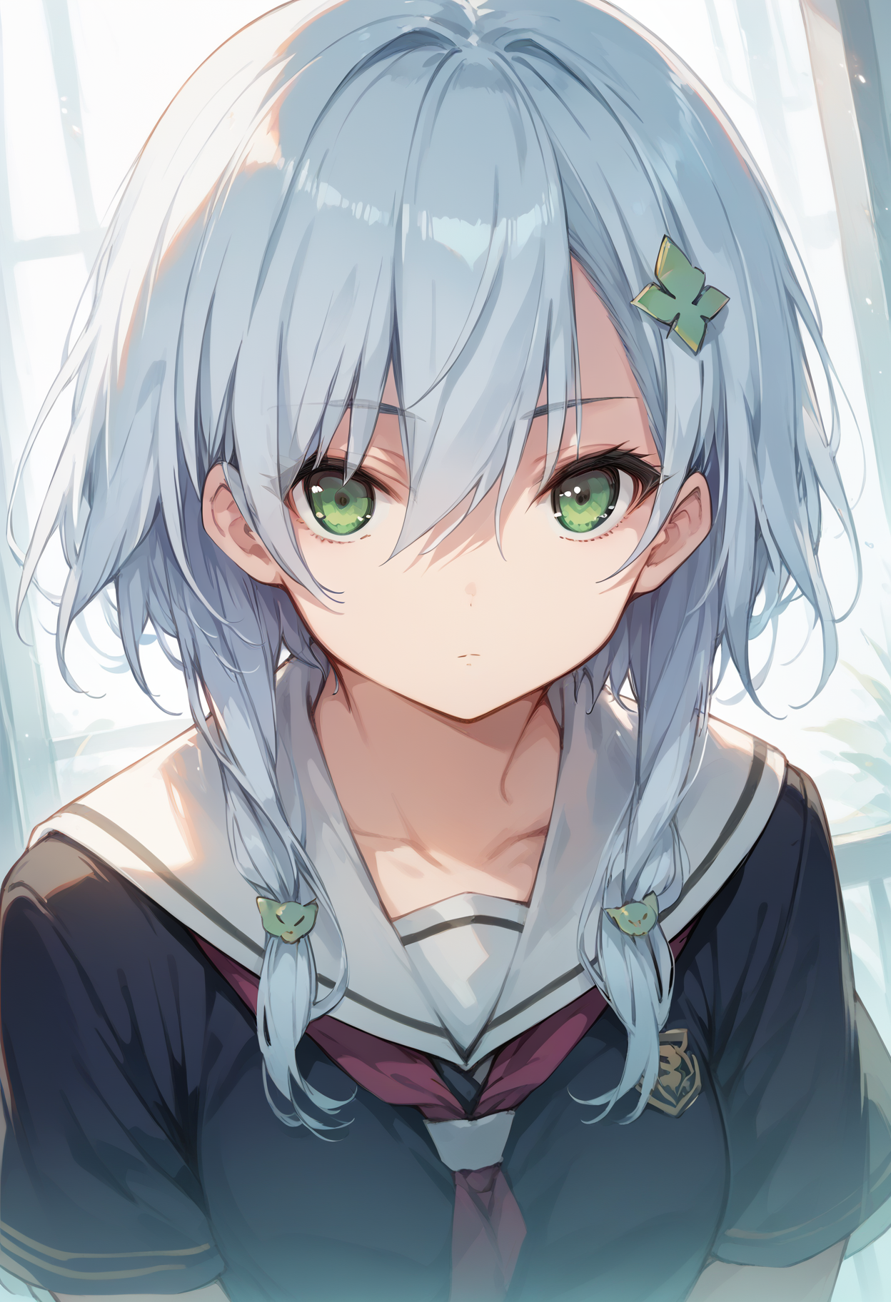 <lora:SDXL_Saki_Inui:0.8>, <lora:SDXL_HandFineTuning_XL:0.9>, <lora:SDXL_add-detail-xl:0.3>, score_9, score_8_up, score_7_up, highest quality, beautiful, 1girl, green eyes, white hair, school uniform, hair ornament, black thighhighs, looking at viewer, expressionless