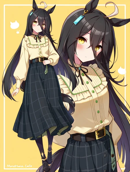 masterpiece,best quality,very aesthetic,absurdres,highres,newest,
mht casual,manhattan cafe (umamusume),
ahoge,animal ears,belt,belt buckle,black hair,black skirt,
buckle,earrings,frilled shirt collar,frills,hair between eyes,
highres,horse ears,jewelry,long hair,multicolored hair,neck ribbon,
ribbon,shirt,shirt tucked in,single earring,skirt,yellow eyes,yellow shirt,
blush,long sleeves,horse girl,black footwear,black pantyhose,
horse tail,pantyhose,tail,black belt,casual,long skirt,
very long hair,plaid,plaid skirt,puffy sleeves,eyebrows visible through hair,eyes visible through hair,
frilled shirt,puffy long sleeves,
eye_focus,<lora:eye_focus:1>,
<lora:umamusume_manhattan_cafe_ill_v1.0:1>,