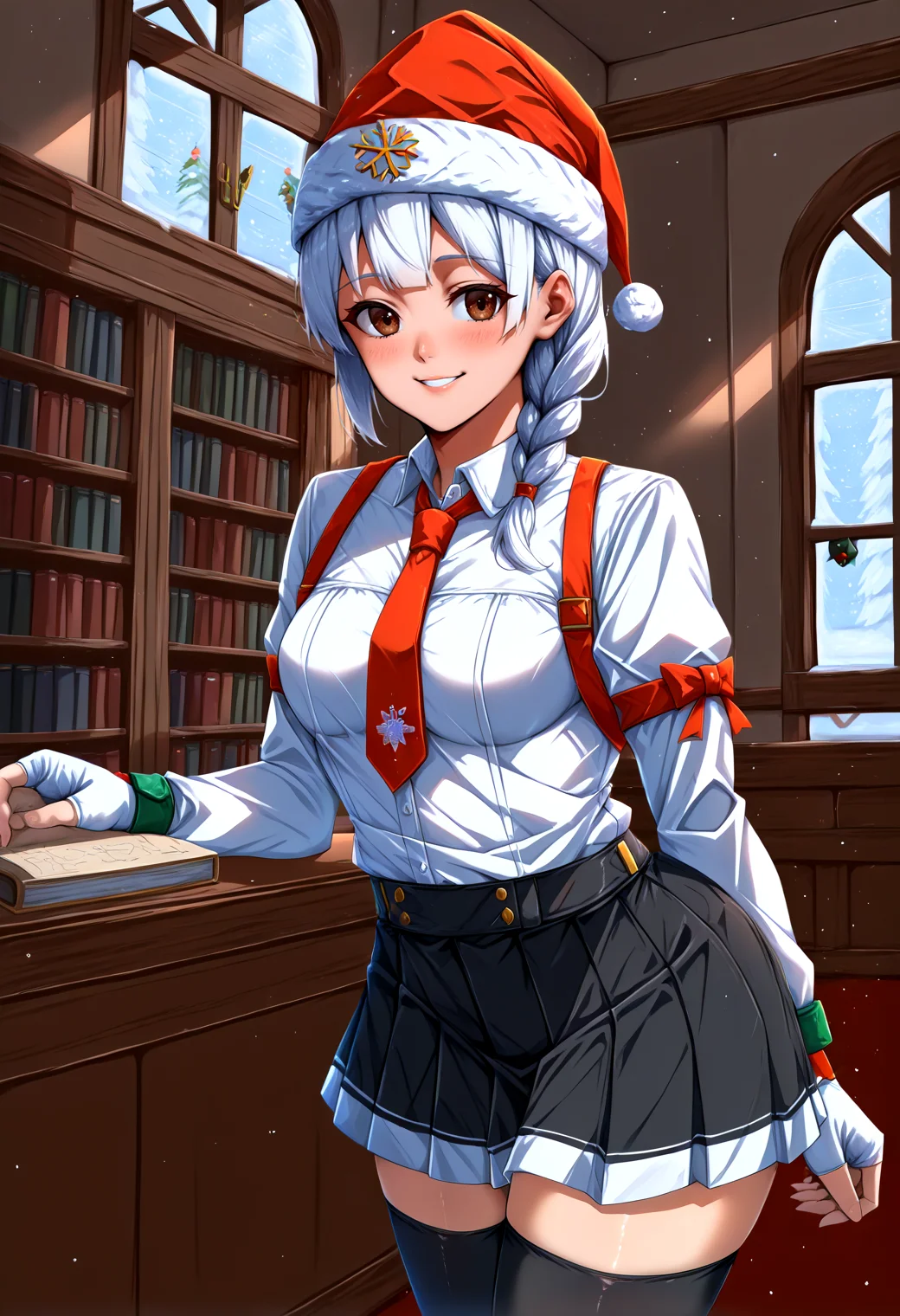 IllustriousQual <lora:StS-Illustrious-Detail-Slider-v1.0:2> <lora:cfg_scale_boost:0.3> <lora:Nog_Ops_IL_V1:1> NogOpsIL, santa hat, snowflake, black hair, braid, brown eyes, dark skin, fingerless gloves,detailed_background,indoors,breasts,highres,window,black skirt,thighhighs,school uniform,white hair,shirt,1girl,book,skirt,white shirt,green eyes,black thighhighs,library,bookshelf,na kyo,looking at viewer,small breasts,necktie