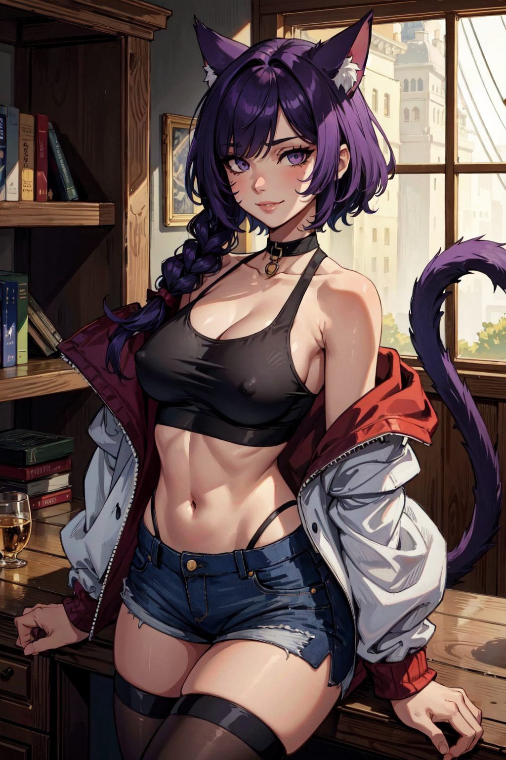 (masterpiece:1.2, best quality:1.2, beautiful, high quality, highres:1.1, aesthetic), detailed, extremely detailed, ambient soft lighting, 4K, perfect eyes, perfect face, perfect lighting, 1girl, animal ears, bangs, bare shoulders, black thighhighs, purple eyes, breasts, cat ears, cat girl, cat tail, closed mouth, collarbone, covered nipples, crop top, facial mark, hair over one eye, halterneck, jacket, large breasts, lips, long sleeves, looking at viewer, off shoulder, open clothes, purple hair, shirt, short hair, short shorts, shorts, sleeveless, smile, solo, tail, thighhighs, whisker markings