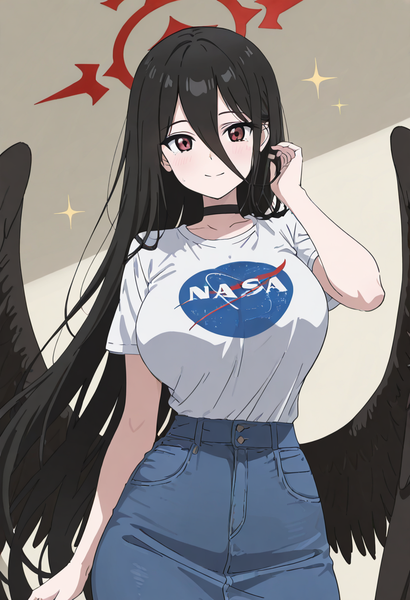masterpiece, best quality, solo, curvy, beautiful eyes, narrow waist, wide hips, 1girl, solo, smile, looking at viewer,   zzHasumi, red eyes, hair between eyes, black hair, long hair, red halo,    <lora:HanekawaHasumiBlueArchive_IXL_v1:1.0>, , smile, looking at viewer, N4S4, white shirt, denim skirt, ,<lora:NASAShirtAnime_IXL_v1:1.0>,