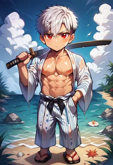 score_9, score_8_up, score_7_up, score_6_up, masterpiece, uncensored, best quality, amazing quality, best aesthetic, absurdres, intricate details, source_anime, yaoi, gay, full body BREAK 1boy, 18 years old, white hair, long hair, bangs, red eyes, pecs, nipples, sweat, wet, yukata, sandal, revealing clothes BREAK dynamic pose, determined, looking at viewer, holding, katana BREAK outdoors, beach, seaside village, fishing boat, ch3b3sq4at