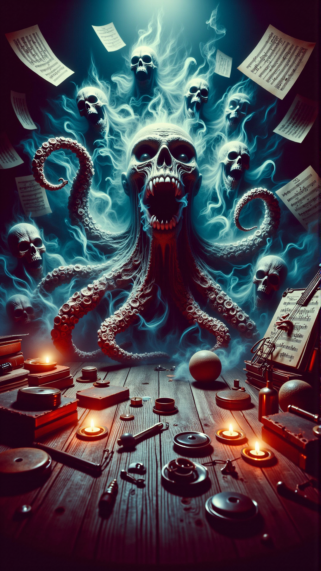 A stunning horror a professional (film grain:1.2) photography, realistic photo of a dark cursed tormented alteration digital art, vibrant colors, eight playful, musically-inspired octopuses, orchestra, instruments, sheet music, surreal, interactive, 3D rendered, intricate details, symmetrical, glowing accents, reflective surfaces, shiny, glass-like textures, clean, crisp, detailed, concept art, dynamic, energetic, lively, neon, pastel, gradient background, dreamlike, whimsical, imaginary, watercolor, impressionistic, fantasy, mythical, enchanting, fairytale, storybook, illustration, surreal, optical illusion, infinity, infinite loop, repetition, spiraling, twisting, turning, mind-bending, thought-provoking, engaging, captivating, astonishing, astonishment, wonder, awe, amazement, breathtaking, mesmerizing, hypnotizing <lora:DarkmosphericFlux:0.75>, gas spirit rising up, high resolution photography, ultra resolution, 4k, 8k, 16k, HDR, DOF, studio photography, professionalism<lora:AHauntedFlux:0.75>photography,natural lighting,soft shadows,close-up shot,waist-up framing,eye-level angle,direct perspective,popping colors,popart style,Double Complementary (Tetradic) color palette,sensual lighting,majestically strides forward toward us with abandon,(masterpiece,best quality,ultra-detailed,highres),(wide angle view:1.4),shot on Pentax K-1 Mark II with Pentax FA 43mm f-1.9 Limited