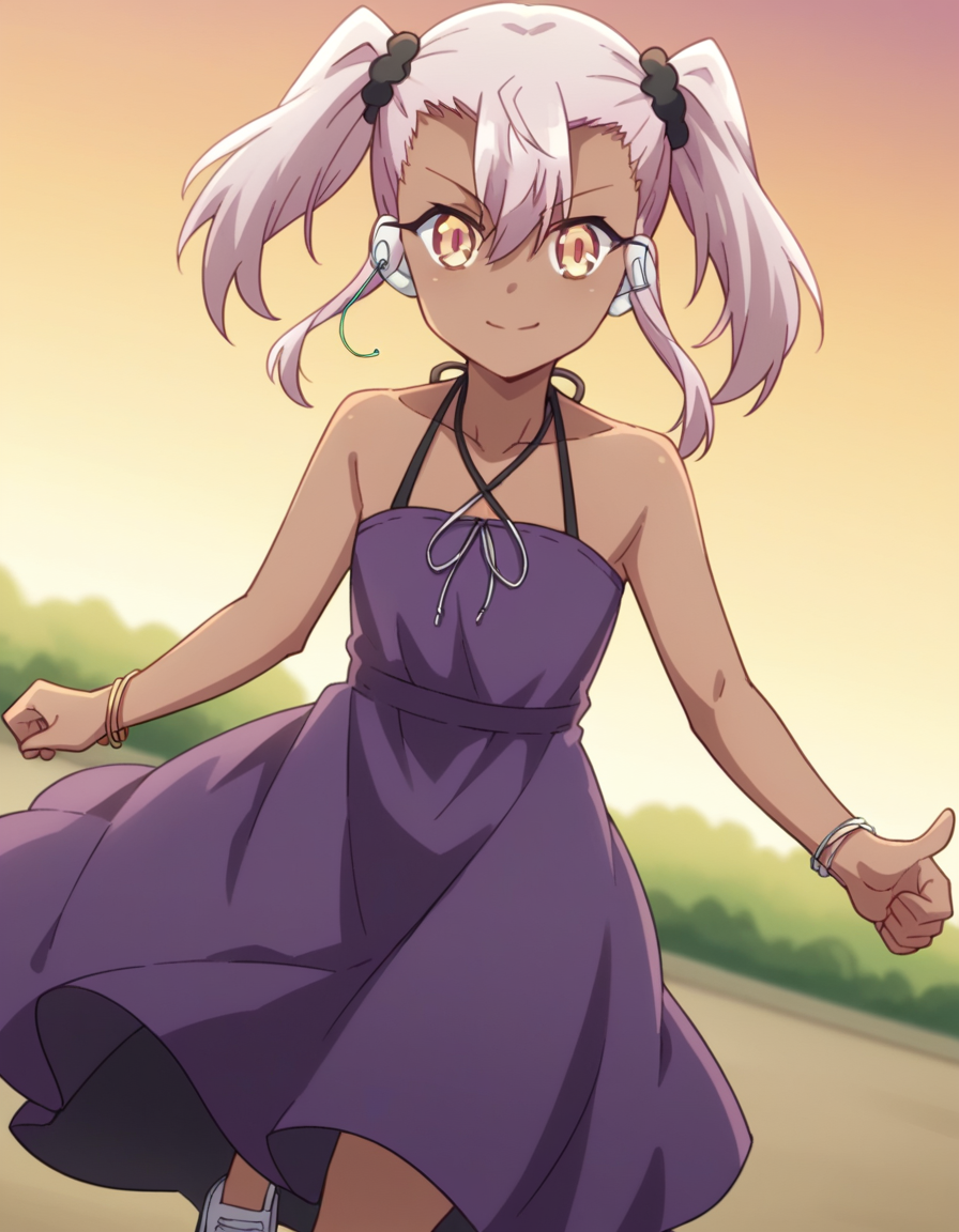 score_9, score_8_up, score_7_up, source_anime, <lora:chloe-von-einzbern-prisma-s2s3-ponyxl-lora-nochekaiser:1>,, chloe von einzbern, long hair, hair between eyes, yellow eyes, pink hair, dark skin, dark-skinned female,, twintails, dress, bare shoulders, collarbone, bracelet, halterneck, purple dress,, suburban neighborhood, morning jog, earphones, running shoes, fresh air, sunrise, smile, , hand showing a thumbs down, solo,, cowboy shot, dutch angle