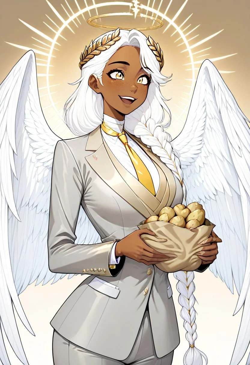 masterpiece, best quality, newest, absurdres, highres, FCOMV1.0, GABV2.0, 1girl, dark skin, dark-skinned female, grey suit, official attire, official clothes, nectie, yellow necktie, white hair, long hair, braid, single braid, angel, angel girl, halo, wings, angel wings, golden eyes, laurel crown, freckles, holding, holding potato, potato,