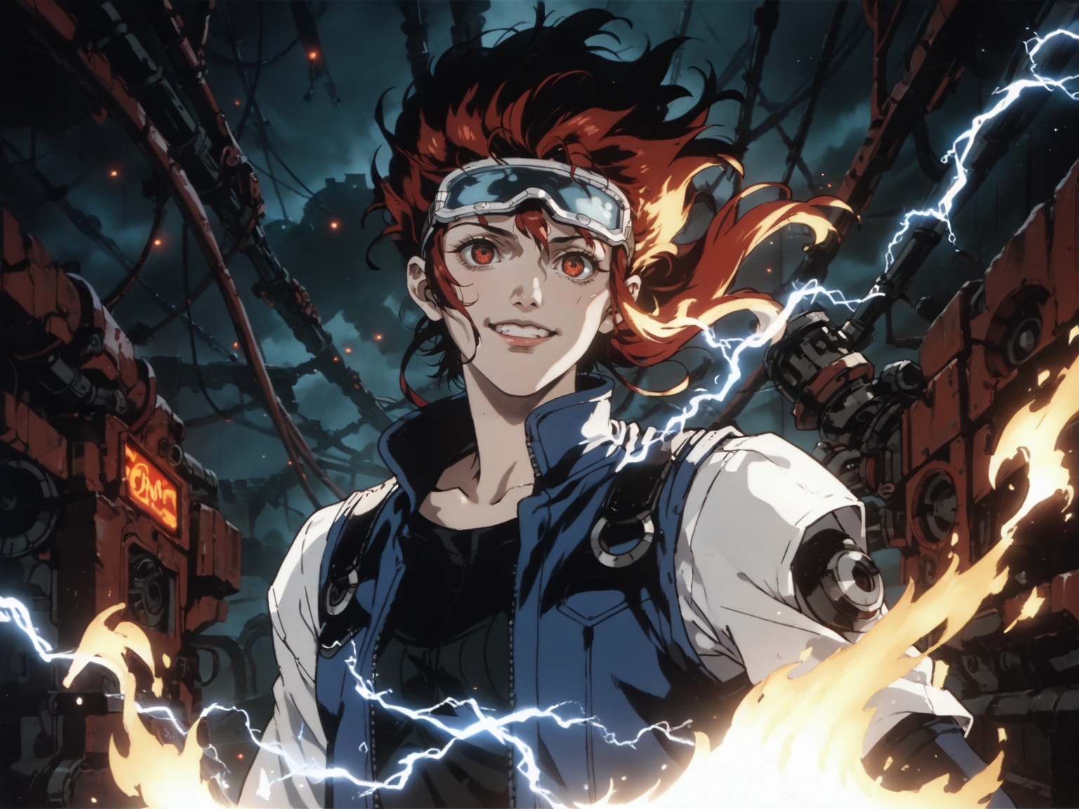 1girl, looking up, solo, half shot, glowing runes, evil smile, dynamic pose, dark clouds engineer, floating gears, blue leather vest with straps, techwear, goggles, red canyon in background, machines, steam, technology, soot, anvil, screen, levers, rivets, electricity, flames intense atmosphere, <lora:ScrollD:0.8>, score_9, score_8_up, score_7_up, zPDXL3