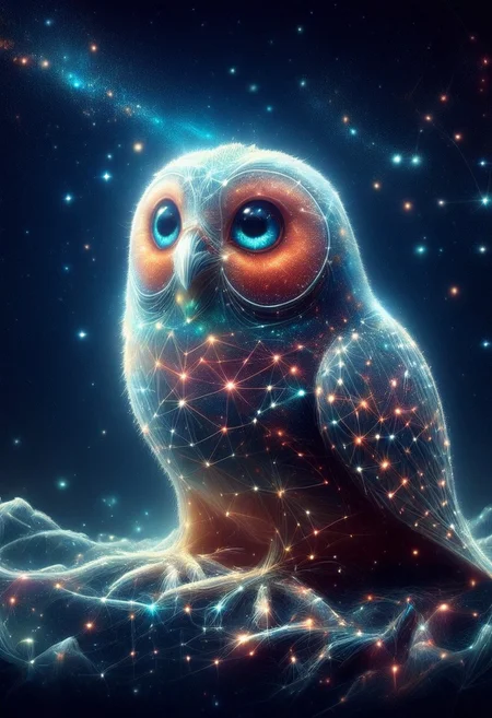 a cute chibby chicken mixed with a owl with big rainbow eyes made star constellations, it wears a cool rainbow bandana, very detailed, 4k, sharp, eating rainbow worms, novuschroma51 style, (starry night), starry_morph
