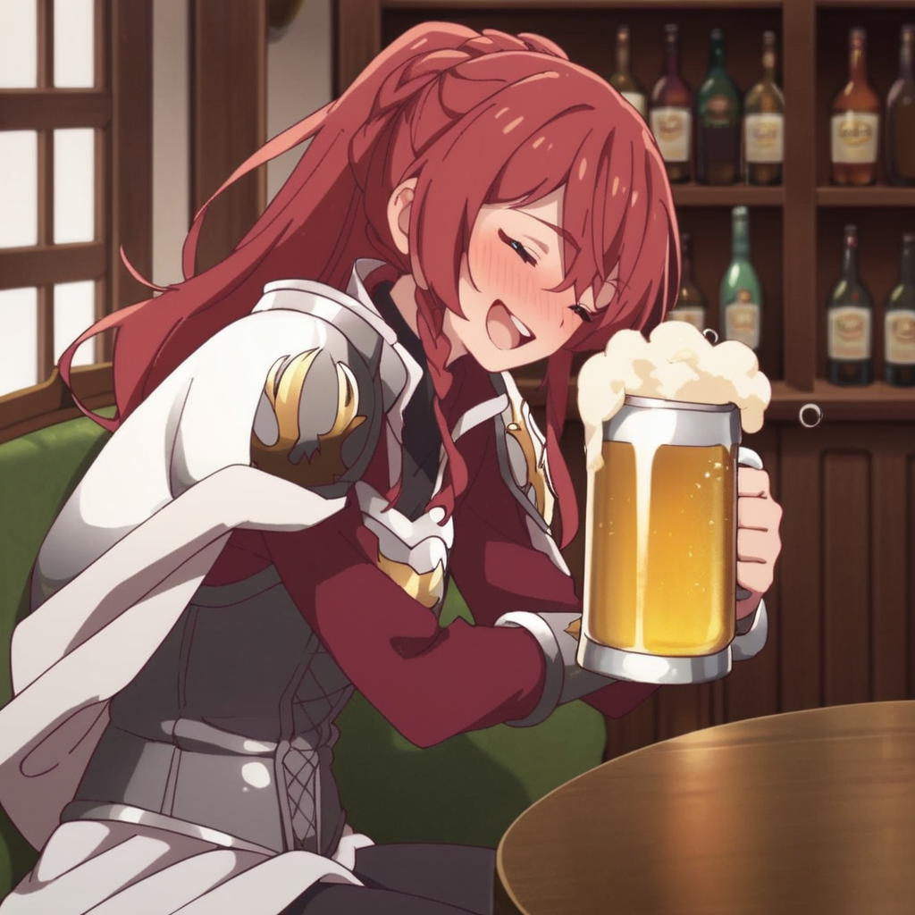 score_9, score_8_up, score_7_up, score_6_up, score_5_up, score_4_up, source_anime, , Jerietta, knight, red hair, sitting, bar, lifting beer, happy, drunk, blushed