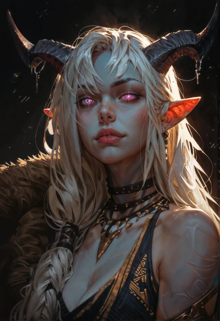 score_9, score_8_up, score_7_up, score_6_up,   detailed drawing, 1girl, portrait, beautiful, tiefling shaman, white hair, (long hair:1.3), side bangs, horns, barbarian, gladiator, war paint, tribal markings, long tail, blue skin, pink eyes, glowing eyes, (smug:0.85), dramatic lights, detailed, sharp lines, dynamic  <lora:Expressive_H-000001:0.6>, expressiveH  <lora:g0th1cPXL:0.4> <lora:incase_style_v3-1_ponyxl_ilff:0.3> <lora:sinfully_stylish_SDXL:0.4>