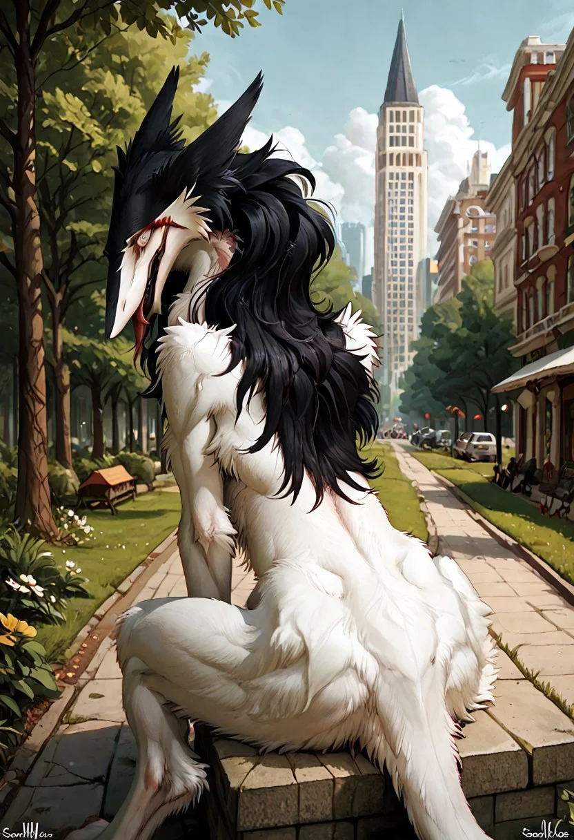 score_9, score_8_up, score_7_up, borzoi dog with Rain Silves face, sergal gace, yellow eyes, feral, animal, from behind, sitting, looking back, creepy, park, buildings, street