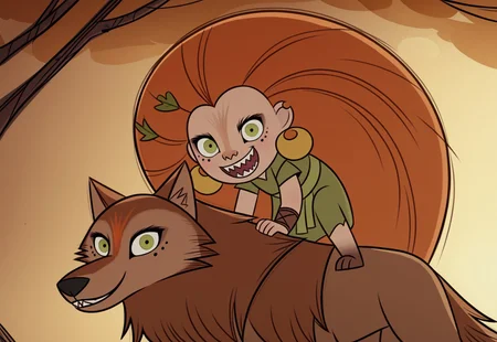 (zPDXL3), solo, 1girl, 1feral best quality, 1girl, mebh_human, green eyes, long hair, orange hair, earrings, earrings, jewelry, leaf, freckles, looking at viewer, wide shot, smile, open mouth, sharp teeth, leaning forward, closeup, mebh_wolf, animal, brown wolf with green eyes, ((girl riding a wolf))