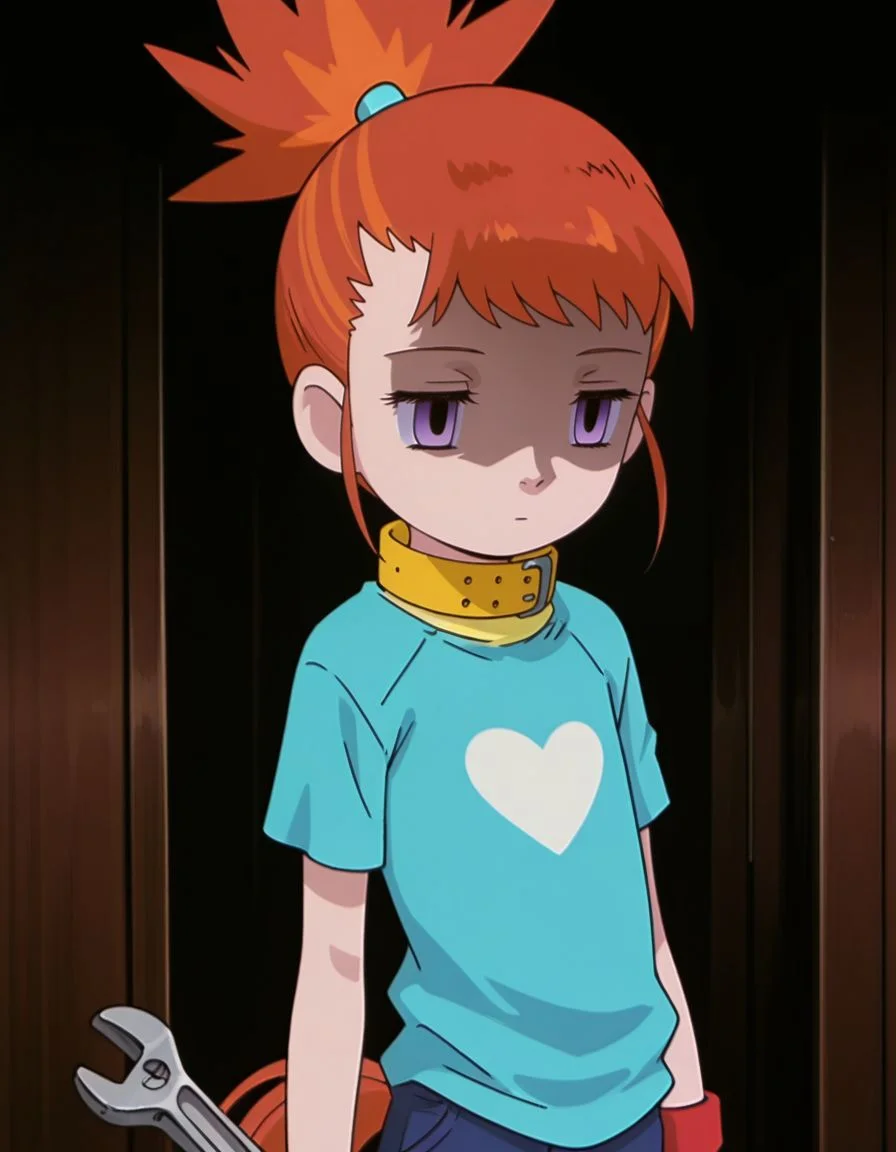 masterpiece, best quality, swinging a wrench, holding a wrench,
, skinny, shaded face, empty eyes, expressionless,
<lora:Mind_Controlled_Rika:1>, rik0, 1girl, orange hair, high pony tail, female child, purple eyes, t-shirt, yellow collar,