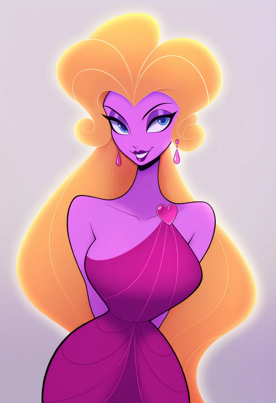 masterpiece, best quality, very aesthetic, absurdres,
1girl, aphrodite, blonde hair, long hair, blue eyes, purple skin, colored skin, earrings, lipstick, makeup,
purple dress,
arms behind back, upper body, smile, looking at viewer, solo, simple background, white background    <lora:AphroditeNoobXL_byKonan:1>