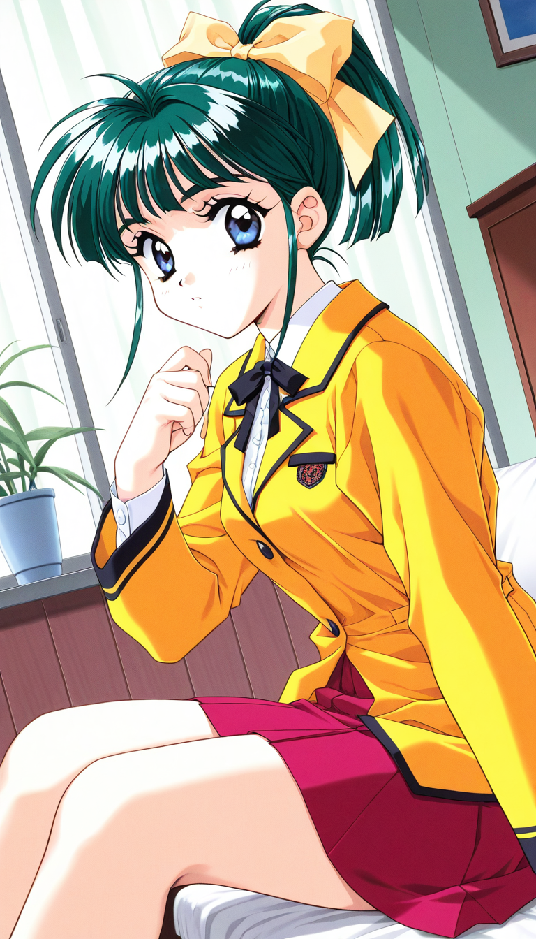 masterpiece, best quality, good quality, <lora:IijimaMiyuki_IS:1>IijimaMiyuki, 1girl, solo, green hair, short hair, ponytail, blue eyes, Yellow bow, hair bow, bangs, breasts,1990s (style),kadoi aya style, BREAK,
sitting, skirt, dutch angle, bow, jacket, long sleeves, looking at viewer, short hair,
Yellow blazer, room,