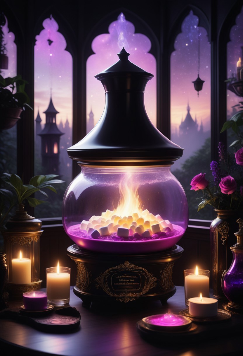 a happy giant marshmallow,brewing a potion in a reij-mg alchemist room, silhouette, ambient light, nature art, hexagonal , with awning embroidery, spring garden, Hurricane, Sketched, mosaic, Sepia filter, organic, detailed, deep rich colors, fine detail, luxury, cinematic, positive emotional, dark ambient light