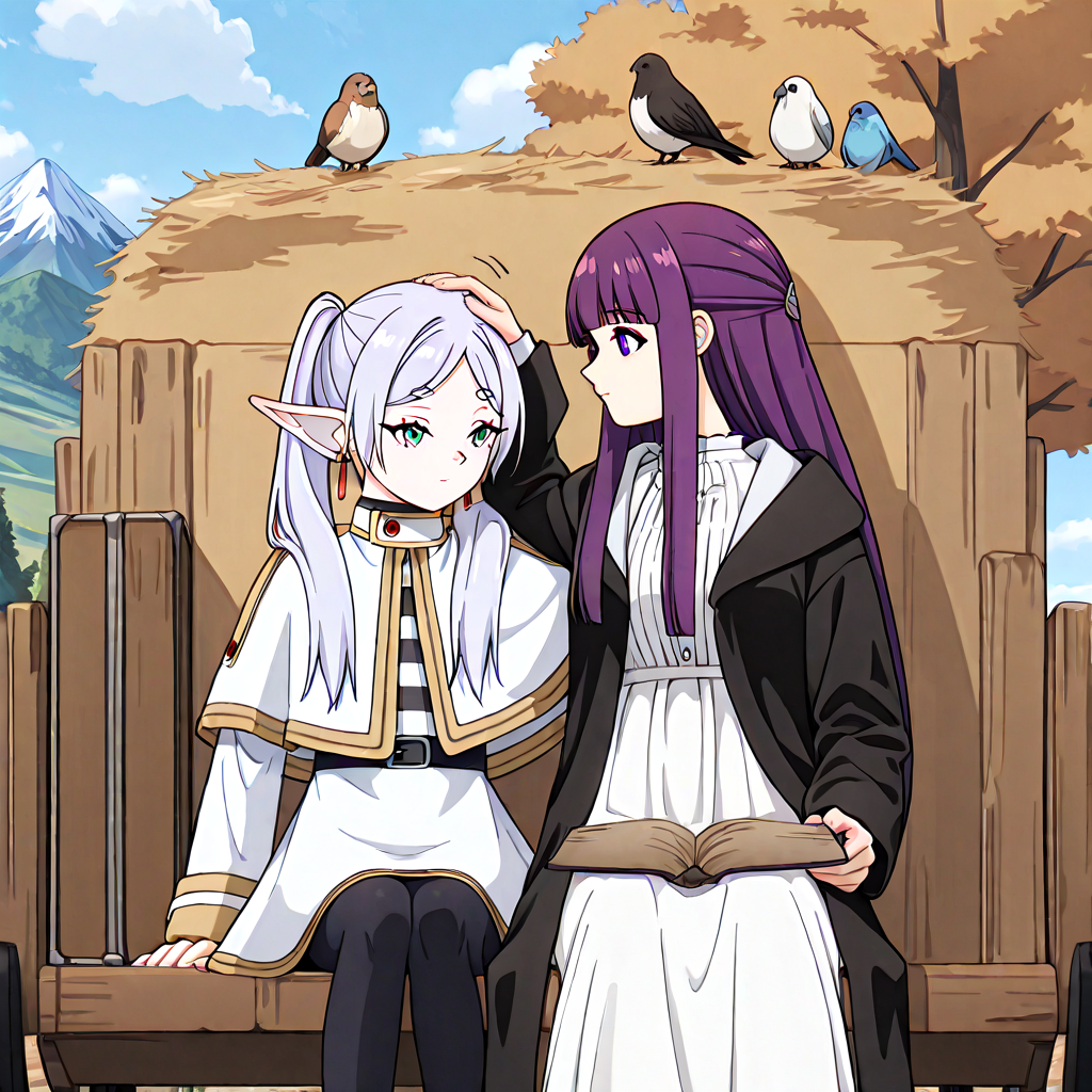 absurdres, sensitive, 2girls, frieren, fern, sitting, hay cart, hay, wagon, elf, grey hair, twintails, capelet, black pantyhose, purple hair, long hair, straight hair, white dress, long sleeves, robe, open book, holding book, suitcase, sky, cloud, tree, rural, fence, mountain, stone road, hand on another's head, headpat, bird, upper body, close-up,  <lora:haycart_ilxl:1>
