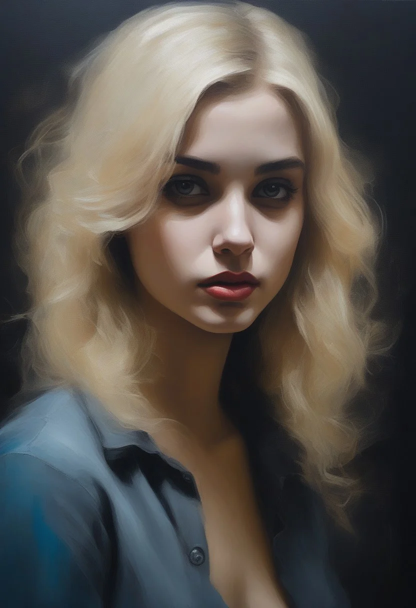 (((classical oil painting))), (((side view of cute short modern blonde Polish girl standing confidently in brothel))), (cute expression), (((dimples))), ((dark eyes)), (smoky air), ((neon)), Intricate textures, (high detailed skin:1.7),