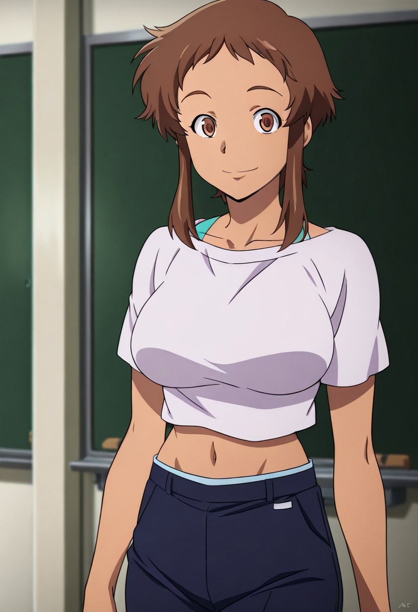 1girl, solo, brown hair, brown eyes, brown eyebrows, looking at viewer, short hair, short hair with long locks, sidelocks, midriff, smile, short hair, light brown skinned body, light skinned female, light brwon skin, anime coloring, blue pants, pants, shirt, white shirt, perfect eyes, perfect eyebrows, navel, midriff, big breasts,