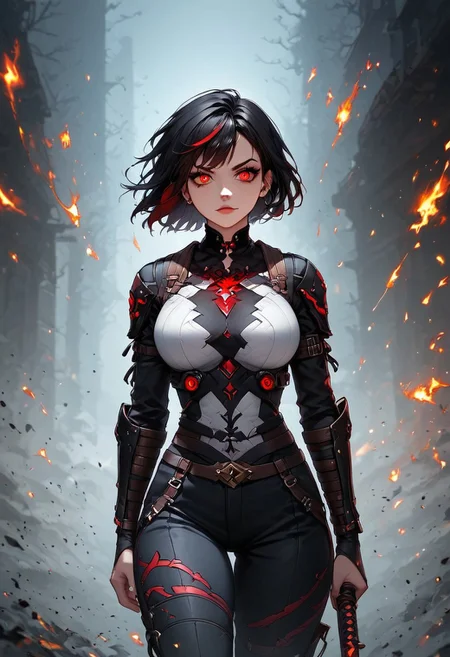 A woman in black pants and a white top wields a glowing blue katana. Her short black hair partially obscures her intense, red-eyed gaze. Sparks and embers fly around her in the dimly lit, blurred background. Anime style, high contrast, and saturated colors