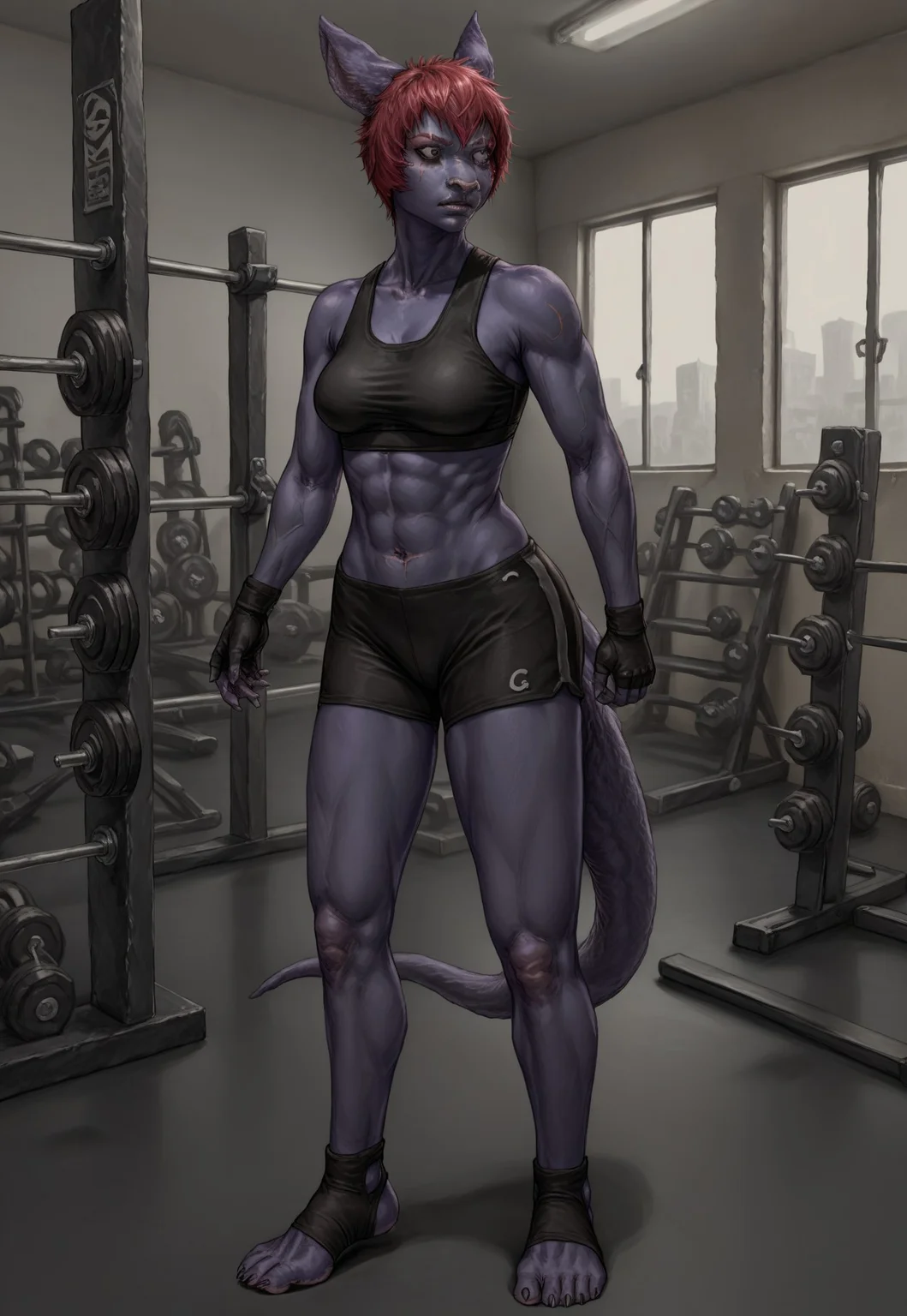 safe_pos, score_9, score_8_up, score_7_up, detailed, solo, full body, galenayp, 1girl, colored skin, animal ears, red hair, grey eyes, scar on face, tail, sports bra, gym shorts, fingerless gloves, stirrup footwear