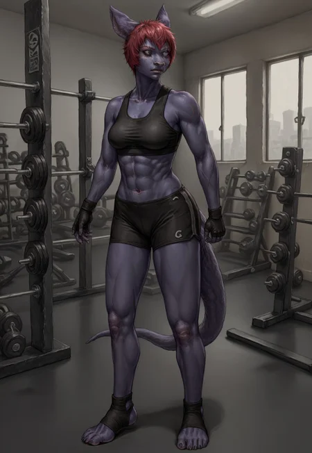 safe_pos, score_9, score_8_up, score_7_up, detailed, solo, full body, galenayp, 1girl, colored skin, animal ears, red hair, grey eyes, scar on face, tail, sports bra, gym shorts, fingerless gloves, stirrup footwear
