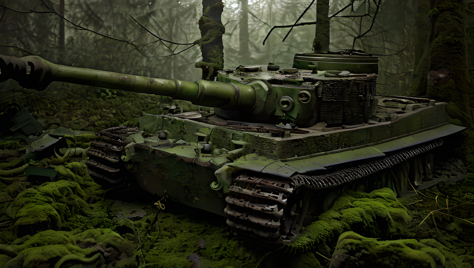 close-up of an abandoned old tiger tank in the forest, 35mm lens, from above, covered by a thick layer of moss, rusty, flat tires, broken glass and headlights, wet, moist, warm light shining through the trees, godrays, atmospheric, misty, foggy, creepy, thick vegetation, highly detailed, realistic, 8k, masterpiece,  <lora:Tiger_Tank:1>