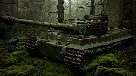 close-up of an abandoned old tiger tank in the forest, 35mm lens, from above, covered by a thick layer of moss, rusty, flat tires, broken glass and headlights, wet, moist, warm light shining through the trees, godrays, atmospheric, misty, foggy, creepy, thick vegetation, highly detailed, realistic, 8k, masterpiece, <lora:Tiger_Tank:1>