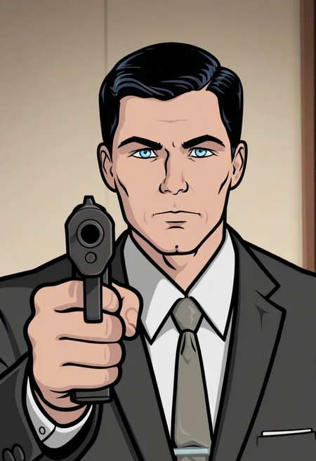 masterpiece,best quality,amazing quality,
sterlingarche, 1boy, male focus, solo, blue eyes, black hair, shirt, white shirt, collared shirt, necktie, grey necktie, jacket, black jacket, holding gun, aiming, looking at viewer,