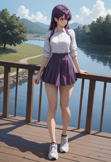 safe_pos, score_9, score_8_up, score_7_up, 26 years old,, zPDXL3, 1girl, solo, small breasts, purple hair, 
(upper body:1.1),  full body shot,
red eyes, long hair, nude, dutch angle, standing,
white blouse, purple skirt, sneakers, wooden bridge, river, rolled up sleeves, blush, looking away,