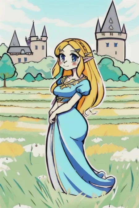 chara-sheet, aftershower, princess zelda, hyrule castle, outdoor, field, blue sky, sunny day