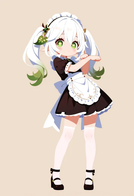 masterpiece,best quality,amazing quality, nahida Genshin_impact, solo,Maid girl, white hair,twintails, pink kneesocks, cute pose, simple background, haiz_ai, no lineart,no outline, <lora:ponyv6_noobE11_2_adamW-000017:0.3> <lora:MeMaXL4:0.8> <lora:veluflora-wai:0.4> <lora:haiz_ai_illu:0.7>