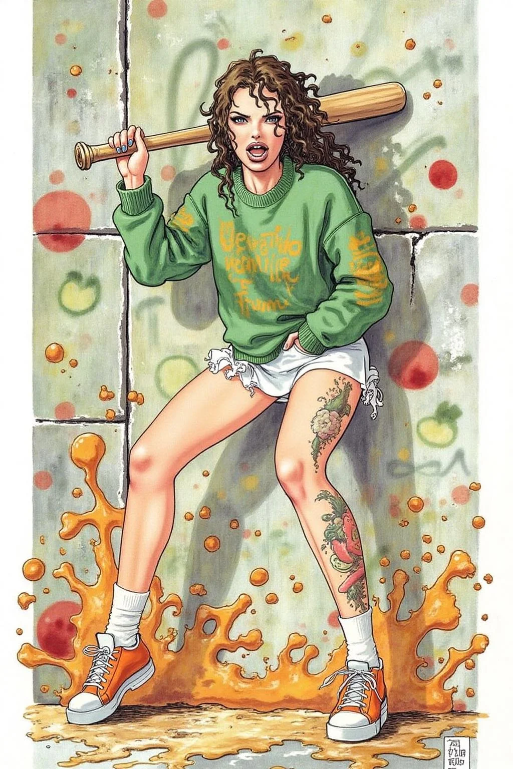 itacomic1 illustration. full body, liquid splash, cartoonish juicy fruits chaos, dynamic pose, dynamic camera, a fashion shoot, an illustration of a young woman threateningly holding a baseball bat in her hands, full body tattoo, wearing green short sweater, miniskirt, knee socks, orange sneakers, aggressive facial expression, wall with graffiti in the background, <lora:itacomic_mima_fl_d4a2e8:1.0><lora:800598985342576586:0>