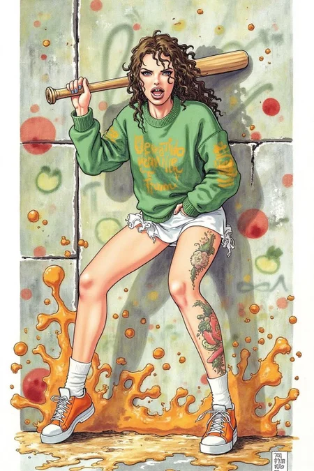 itacomic1 illustration. full body, liquid splash, cartoonish juicy fruits chaos, dynamic pose, dynamic camera, a fashion shoot, an illustration of a young woman threateningly holding a baseball bat in her hands, full body tattoo, wearing green short sweater, miniskirt, knee socks, orange sneakers, aggressive facial expression, wall with graffiti in the background,  <lora:itacomic_mima_fl_d4a2e8:1.0><lora:800598985342576586:0>