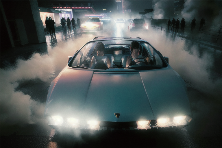 analog gloomy photo of a (Lamborghini Marzal car, <lora:l4mb0m4rz4l:1>), (speeding in a crowded avenue at night), (heavy rain), (neon signs:1.3), ((cyberpunk)), ((nighttime)), High Detail, Sharp focus, ((photorealism)), realistic, best quality, 8k, award winning, dramatic lighting, epic, cinematic, masterpiece,  depth of field, volumetric lights, (ambient fog:1.3), dutch angle, rim light, wide angle lens, steam,