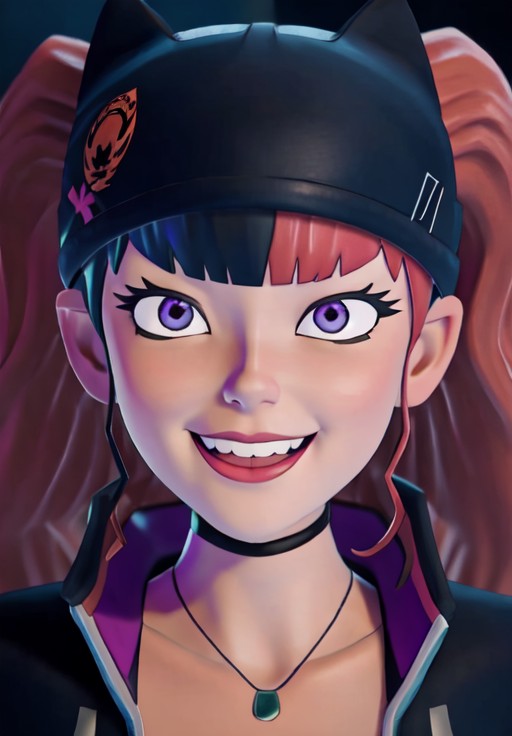 <lora:Palworld:1.0>, Palworld, Zoe, Evil Grin, portrait, close-up