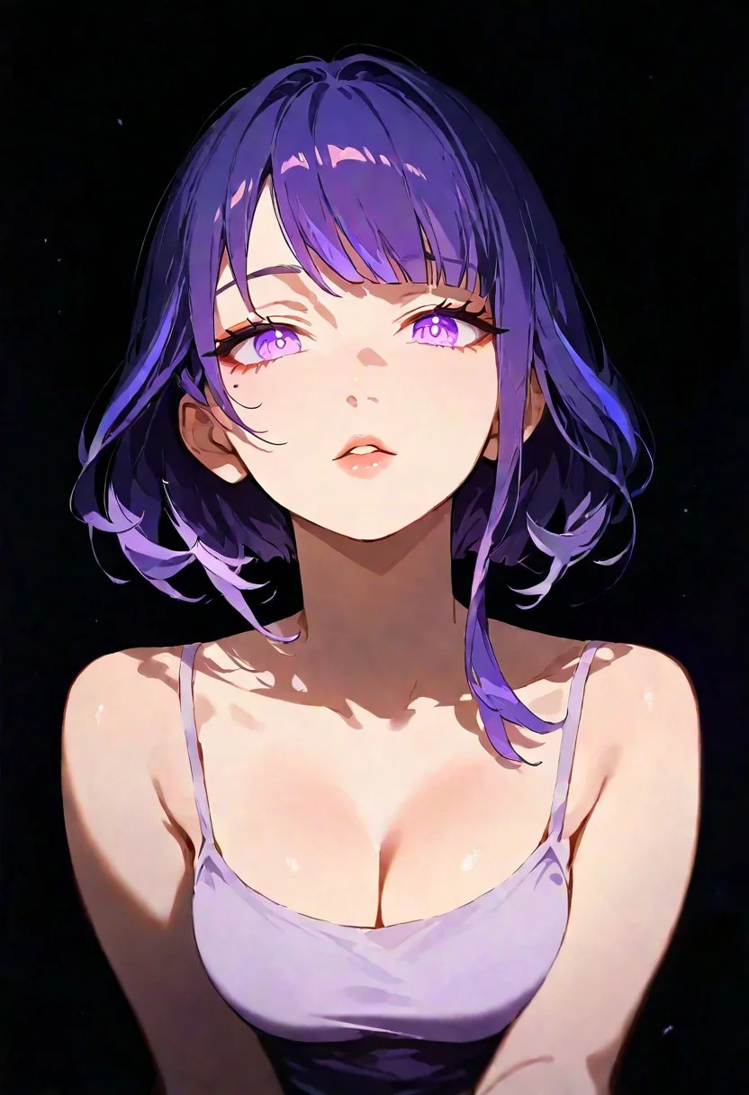 1girl, Raiden Shogun (Genshin Impact), lips, thin lips, parted lips, solo, looking at viewer, camisole, upper body, dark, underlightling, masterpiece, best quality, very aesthetic, purple hair, bob haircut,