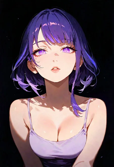 1girl, Raiden Shogun (Genshin Impact), lips, thin lips, parted lips, solo, looking at viewer, camisole, upper body, dark, underlightling, masterpiece, best quality, very aesthetic, purple hair, bob haircut,