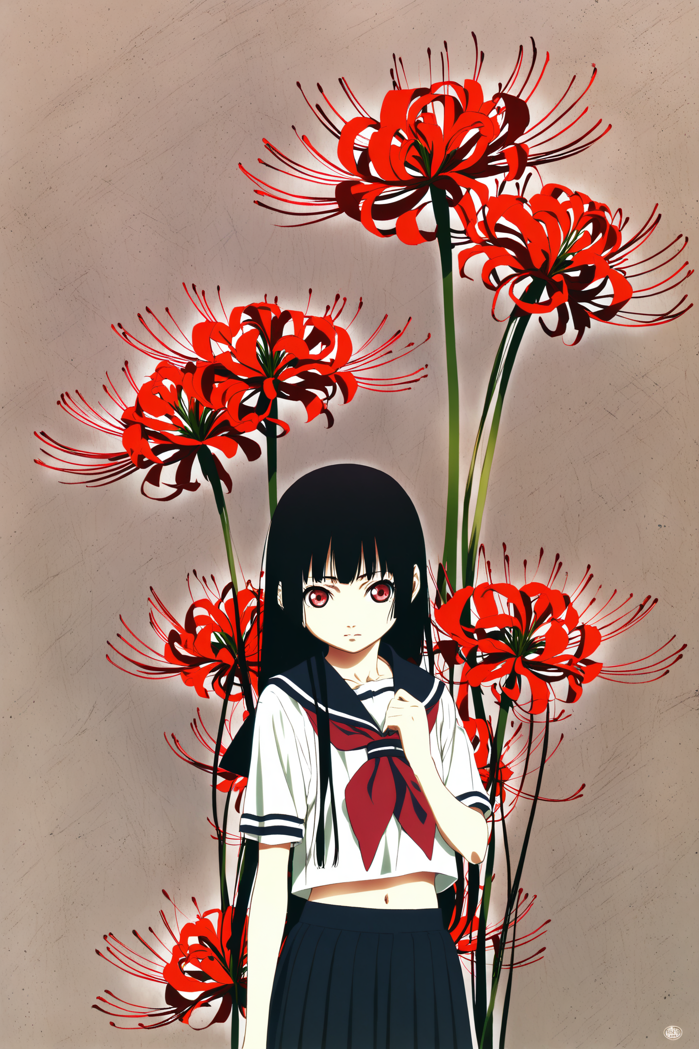 Enma Ai, 1girl, flower, solo, long hair, spider lily, skirt, school uniform, red eyes, black hair, serafuku, pleated skirt, navel, black skirt, bangs, short sleeves, neckerchief, red flower, looking at viewer, midriff peek, sailor collar, closed mouth, red neckerchief, shirt, blunt bangs, hand up, white shirt, midriff, standing,
<lora:JigokuShoujo_XL_v2:0.8>,