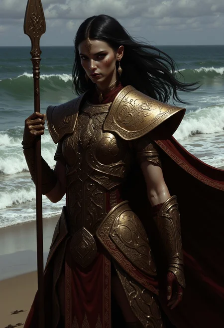 epic fantasy, beautiful female war leader, celtic goddess of war in battle, long black hair, menacing pose, battle scene, pale skin, celtic tattoos on both arms, ancient well decorated armor, brave, determination, armed with spear, shore, windy, ocean,