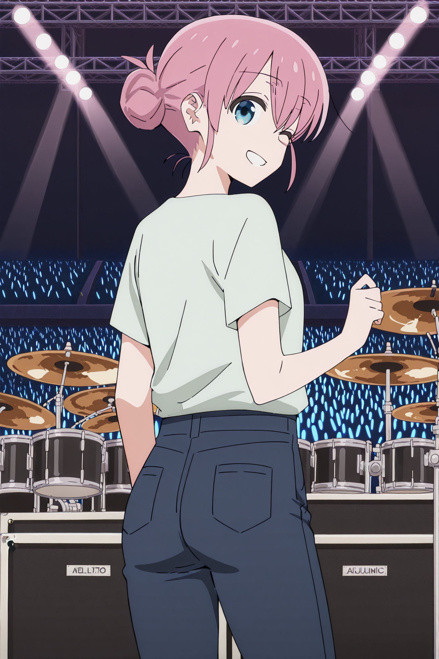 anime screencap, anime coloring, detailed face, masterpiece, best quality, very aesthetic, absurdres, volumetric lighting, official style, amazing quality, ultra detailed,  highres, amazing quality, scenery, beautiful detailed hair, beautiful detailed eyes, 
 <lora:StS-Illustrious-Detail-Slider-v1.0:4>
at a concert venue,  drumset on stage, music equipment on stage,
<lora:Michiyo_Gotoh_Bocchi_the_Rock:1>
Michiyo Gotoh (character), 1girl, solo, blue eyes, pink hair, hair bun, sexy smile, looking back at the viewer, cowboy shot, closed moth, from behind, cowboy shot, tight blue jeans, denim, ass, cute green t-shirt, one eye closed, wink,