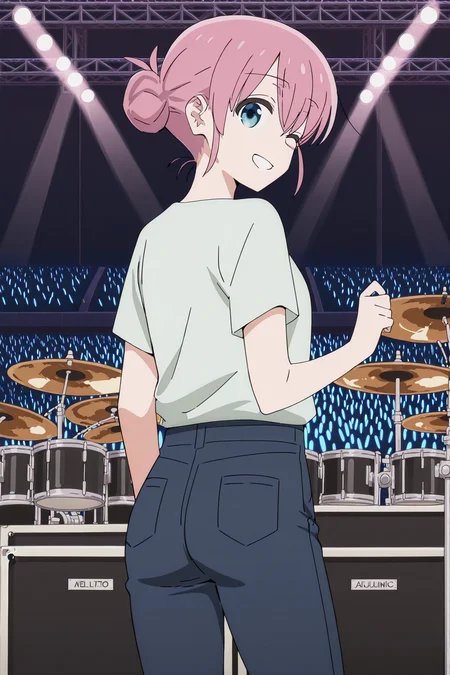 anime screencap, anime coloring, detailed face, masterpiece, best quality, very aesthetic, absurdres, volumetric lighting, official style, amazing quality, ultra detailed, highres, amazing quality, scenery, beautiful detailed hair, beautiful detailed eyes,
<lora:StS-Illustrious-Detail-Slider-v1.0:4>
at a concert venue, drumset on stage, music equipment on stage,
<lora:Michiyo_Gotoh_Bocchi_the_Rock:1>
Michiyo Gotoh (character), 1girl, solo, blue eyes, pink hair, hair bun, sexy smile, looking back at the viewer, cowboy shot, closed moth, from behind, cowboy shot, tight blue jeans, denim, ass, cute green t-shirt, one eye closed, wink,