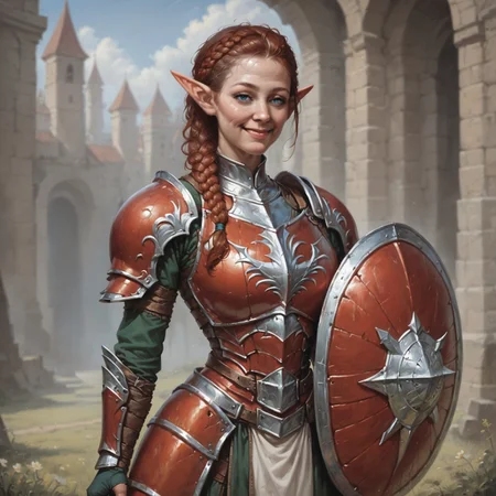 (((beautiful, high quality))), waist up, score_9, score_8_up, score_7_up, Elf, pointed ears, small ears, auburn hair, hair braid, 1girl, blue eyes, looking at the viewer, dynamic pose, blurred background, smile, (red armor:1.2), massive armor, narrowed eyes, helmet, lips closed, gauntlet, (holding a shield, red shield, massive shield), oil painting, realistic,