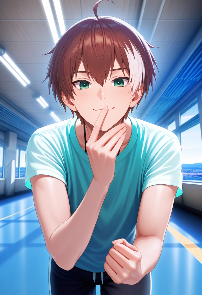masterpiece, best quality, , (realistic:0.6), looking at viewer, 1boy, solo, male focus, <lora:akatsuki_iride_ilxl:0.96>, akatsuki_iride, brown hair, green eyes, short hair, ahoge, multicolored hair, two-tone hair, white hair, , panorama, highway, indoors, yoga, giggling,