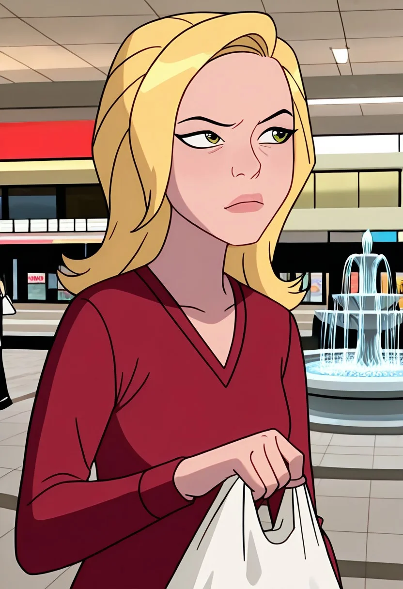 masterpiece, best quality, amazing quality, very aesthetic, absurdres, newest, ((screencap, parody, cartoon))
sandraten, blonde hair, 1girl, green eyes, lips,
red shirt, long sleeves, makeup, v-neck
expressive face,
shopping, holding plastic bag, shopping mall background, pointing, looking to side, fountain, mall