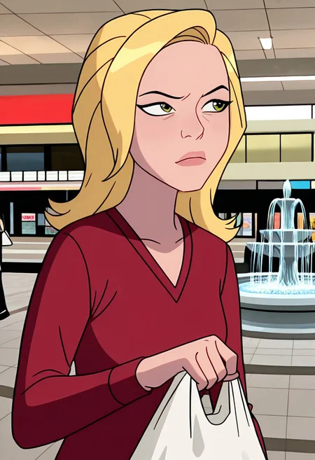 masterpiece, best quality, amazing quality, very aesthetic, absurdres, newest, ((screencap, parody, cartoon))
sandraten, blonde hair, 1girl, green eyes, lips,
red shirt, long sleeves, makeup, v-neck
expressive face,
shopping, holding plastic bag, shopping mall background, pointing, looking to side, fountain, mall